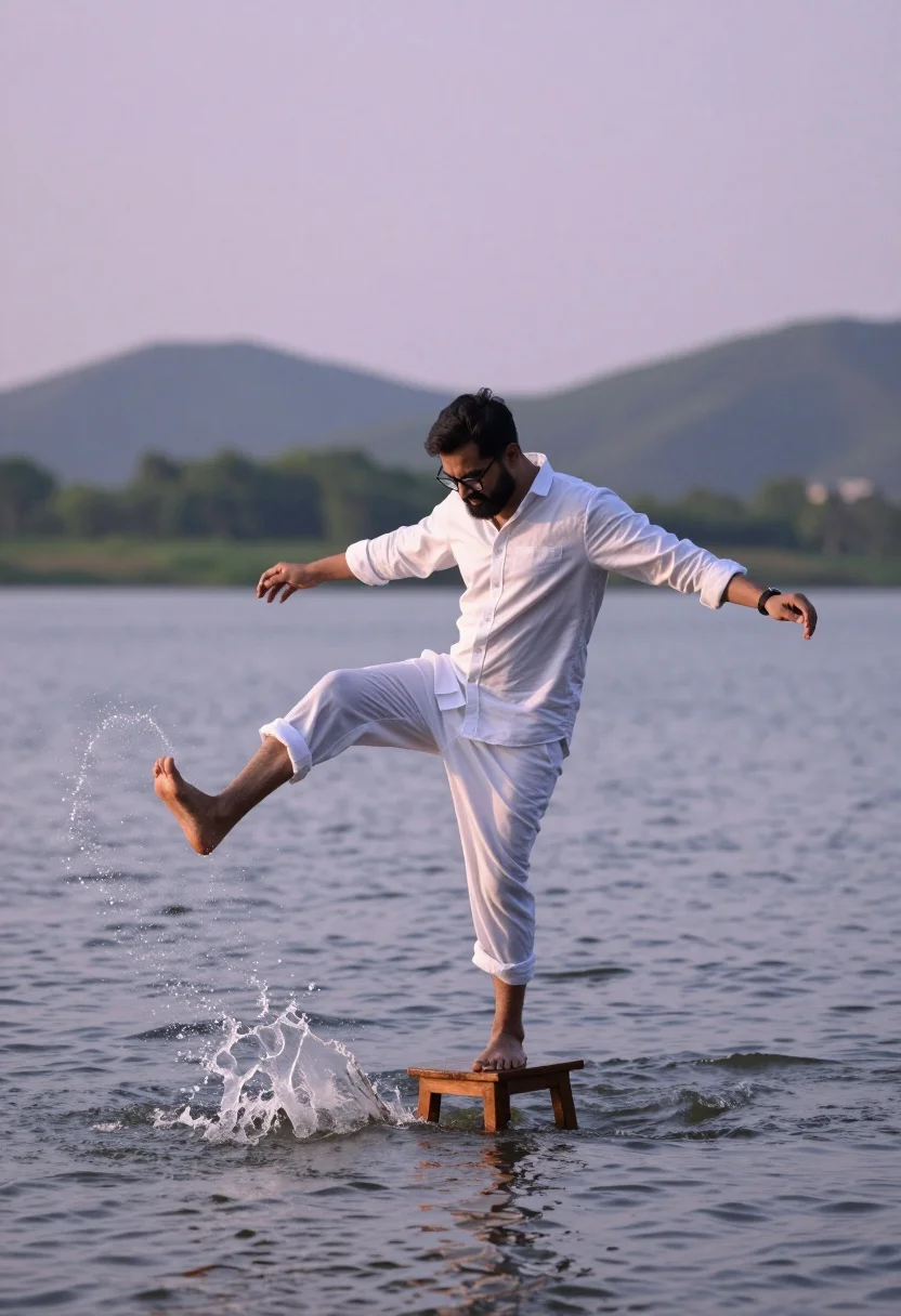 Man balancing on wooden stool splashing water near green hills at sunset - AI generated image prompt sample
