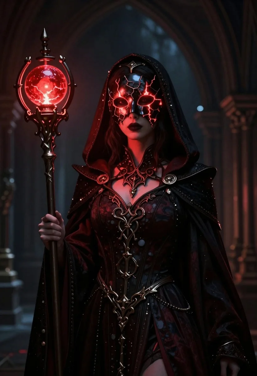 Sorceress in dark robes with glowing obsidian mask