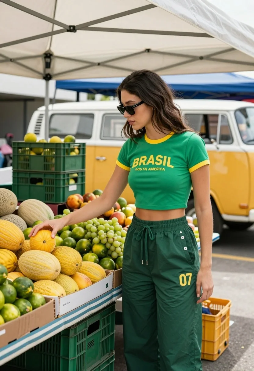 Stylish woman touching yellow fruit at an outdoor market stall under white - AI generated image prompt sample