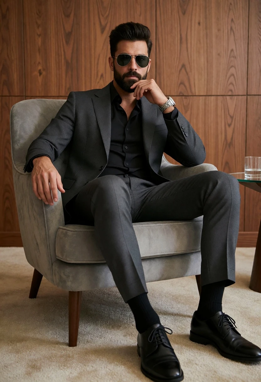 Confident man in dark suit seated in plush armchair against warm wood - AI generated image prompt sample