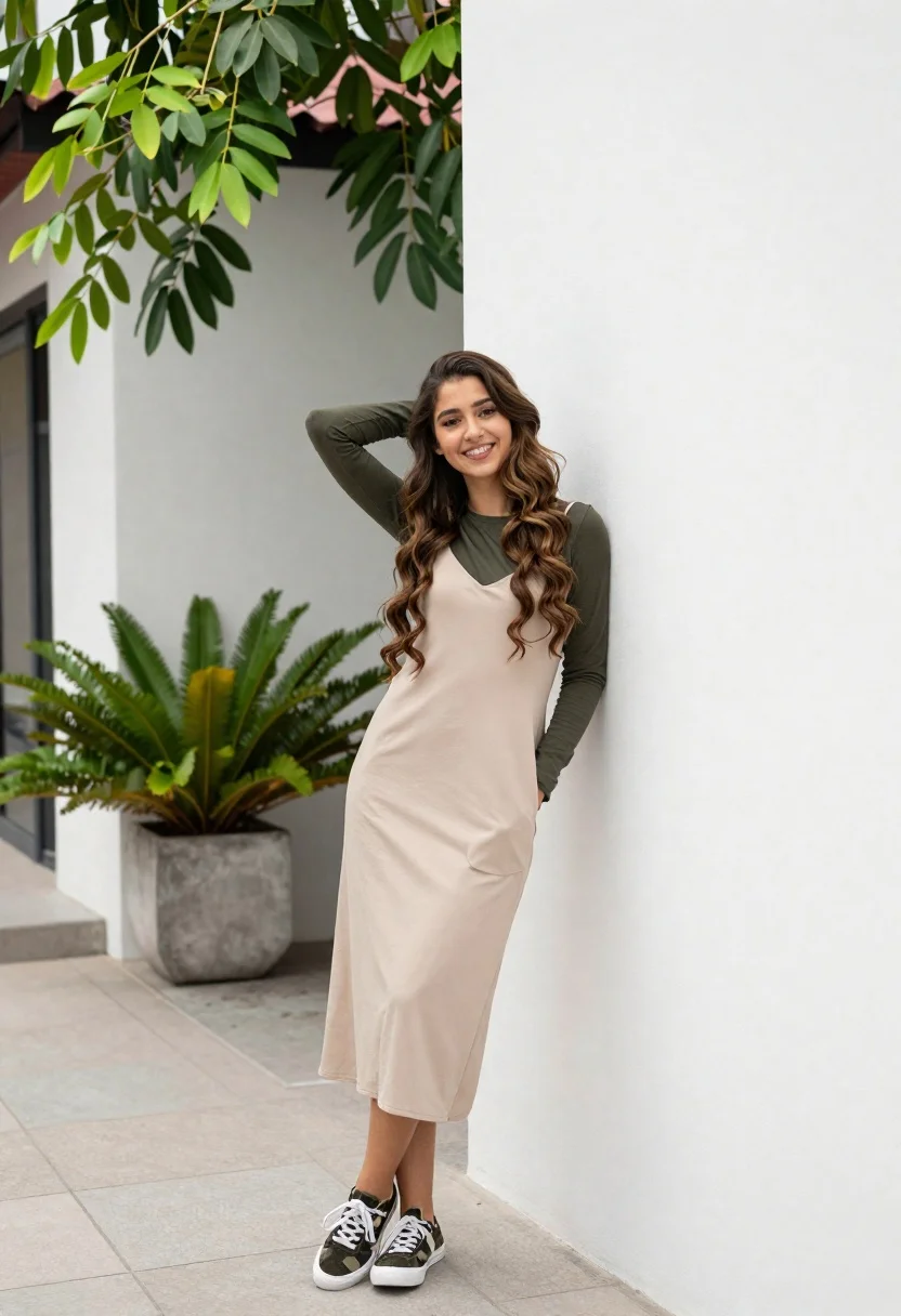 Young woman in slip dress leaning on white wall in courtyard