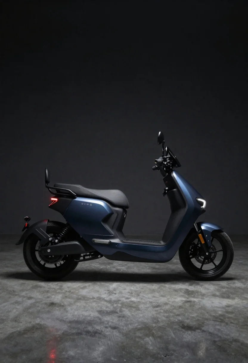 Dark blue electric motorcycle in a studio setting