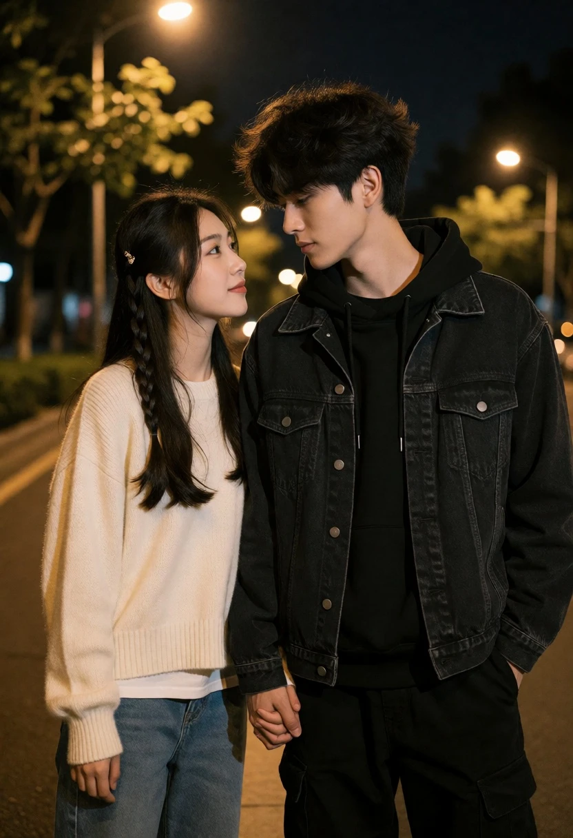 Young couple holding hands gazing into eyes on a warmly lit city - AI generated image prompt sample