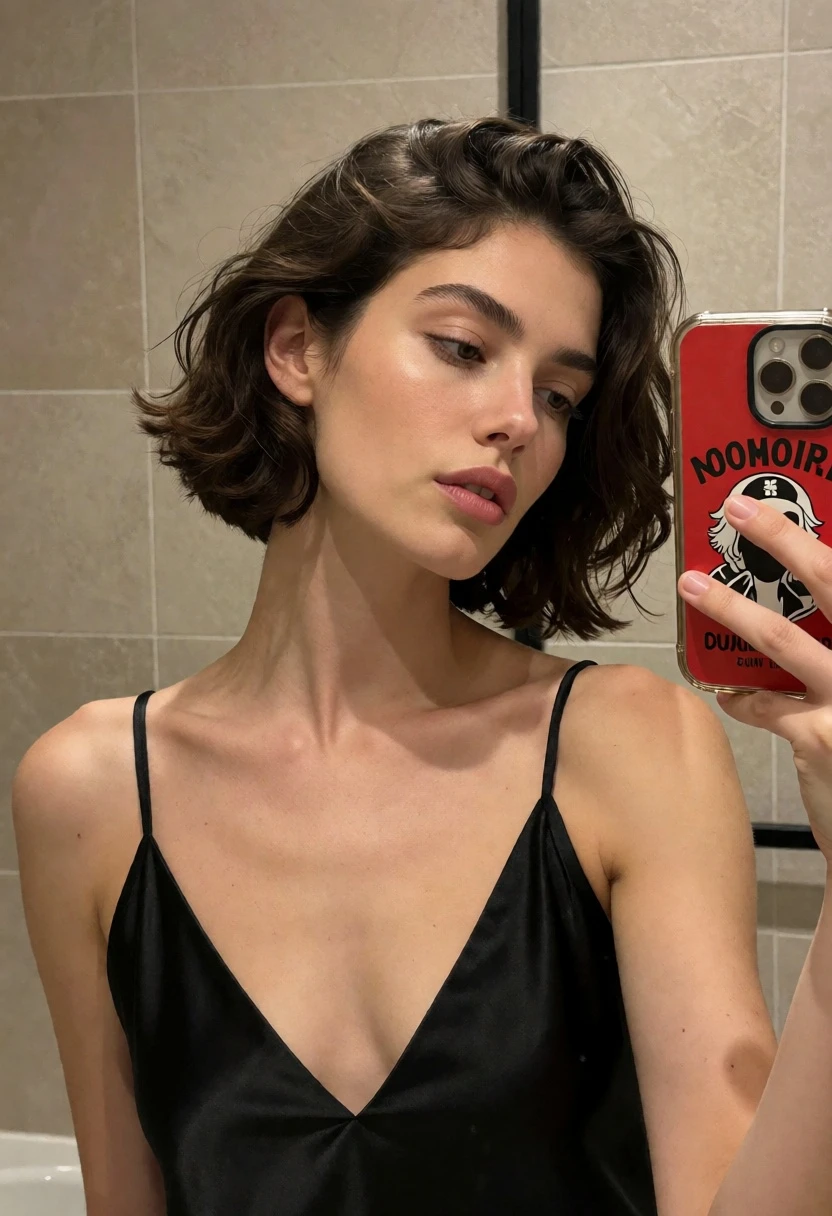 Closeup mirror selfie of woman in black satin camisole in beige bathroom - AI generated image prompt sample