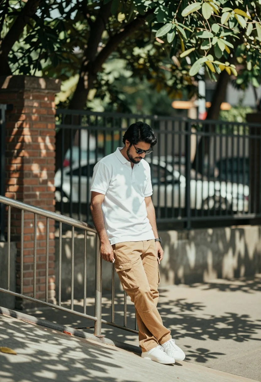 Man in polo shirt standing casually outdoors near metal railing with green - AI generated image prompt sample