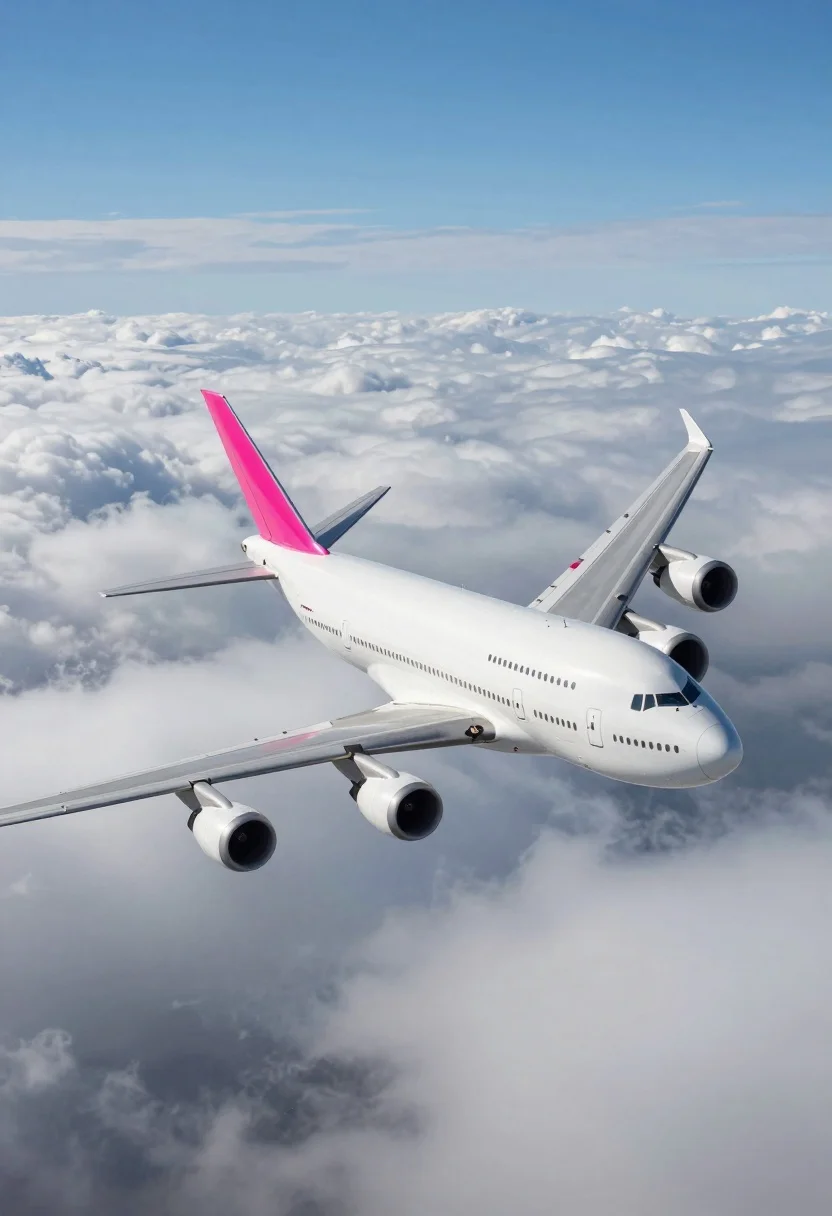 Massive white four engine jetliner banking above thick cumulus clouds - AI generated image prompt sample