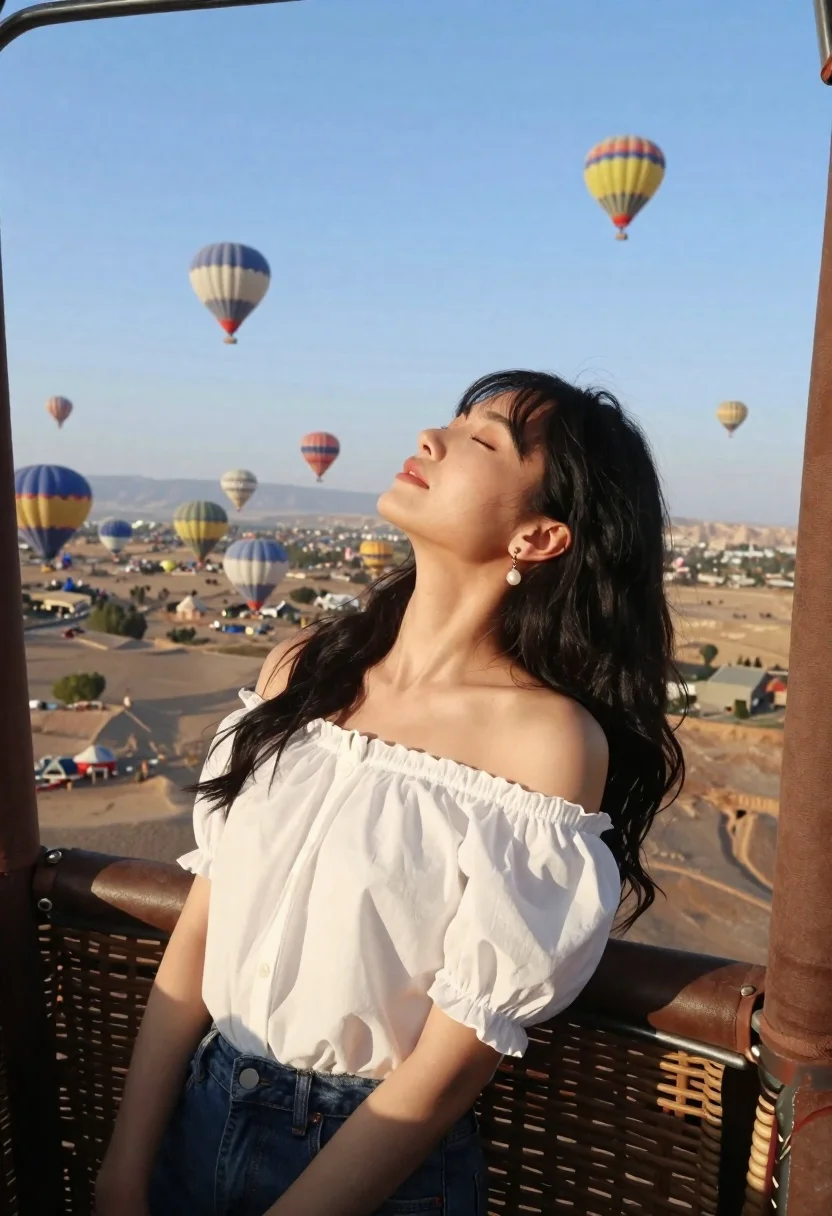 Young woman relaxing in hot air balloon basket over desert landscape - AI generated image prompt sample