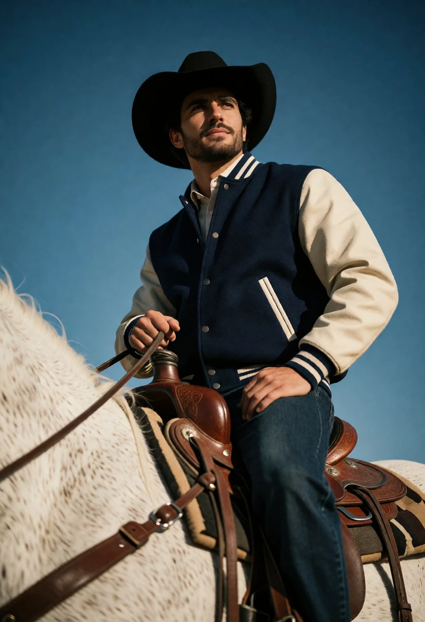 Man on white horse against deep blue sky low angle shot - AI generated image prompt sample