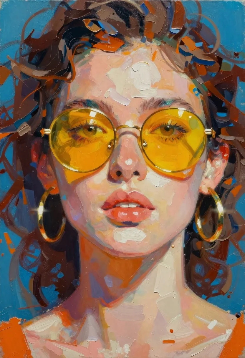 Oil painting portrait of woman with yellow sunglasses - AI generated image prompt sample