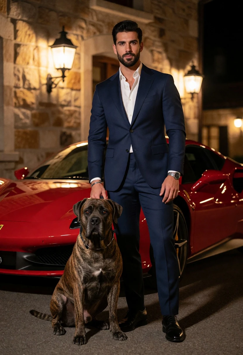 Man in navy suit standing with brindle dog near red ferrari at - AI generated image prompt sample