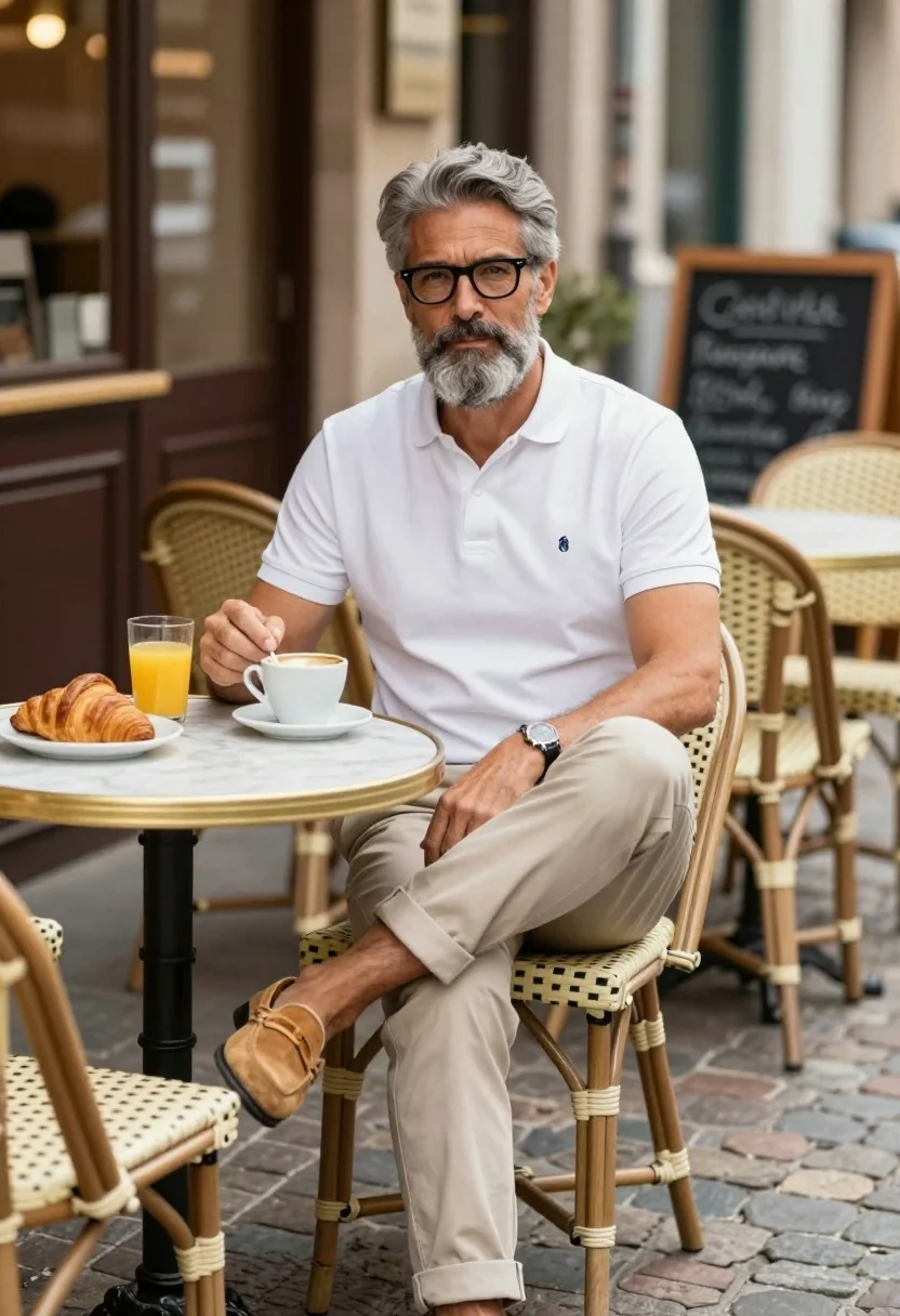 Middle aged man with grey beard at outdoor cafe table enjoying breakfast - AI generated image prompt sample