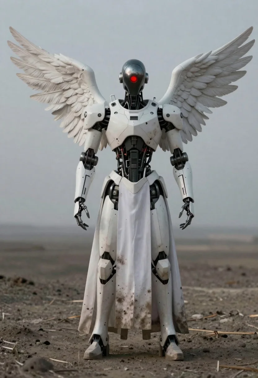 Full body shot of humanoid robot with white wings standing in desolate - AI generated image prompt sample