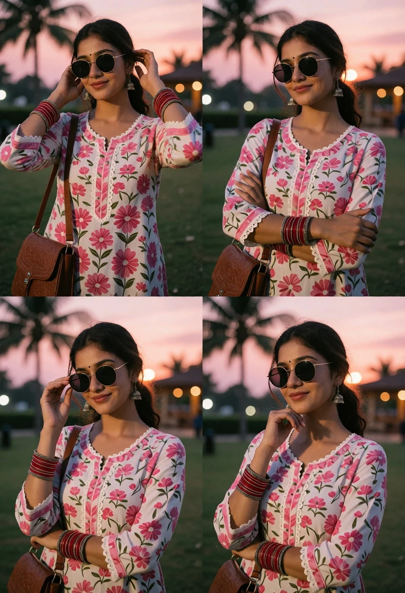 Young woman in floral kurta outdoors during sunset portrait series - AI generated image prompt sample