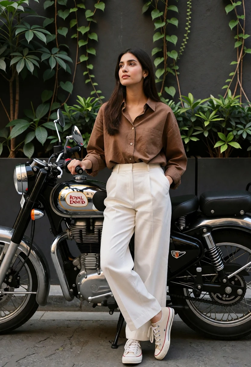Young woman leaning on a royal enfield motorcycle against an urban wall - AI generated image prompt sample