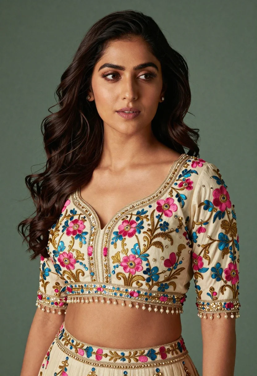 Medium close up portrait of woman in ornate cream lehenga choli