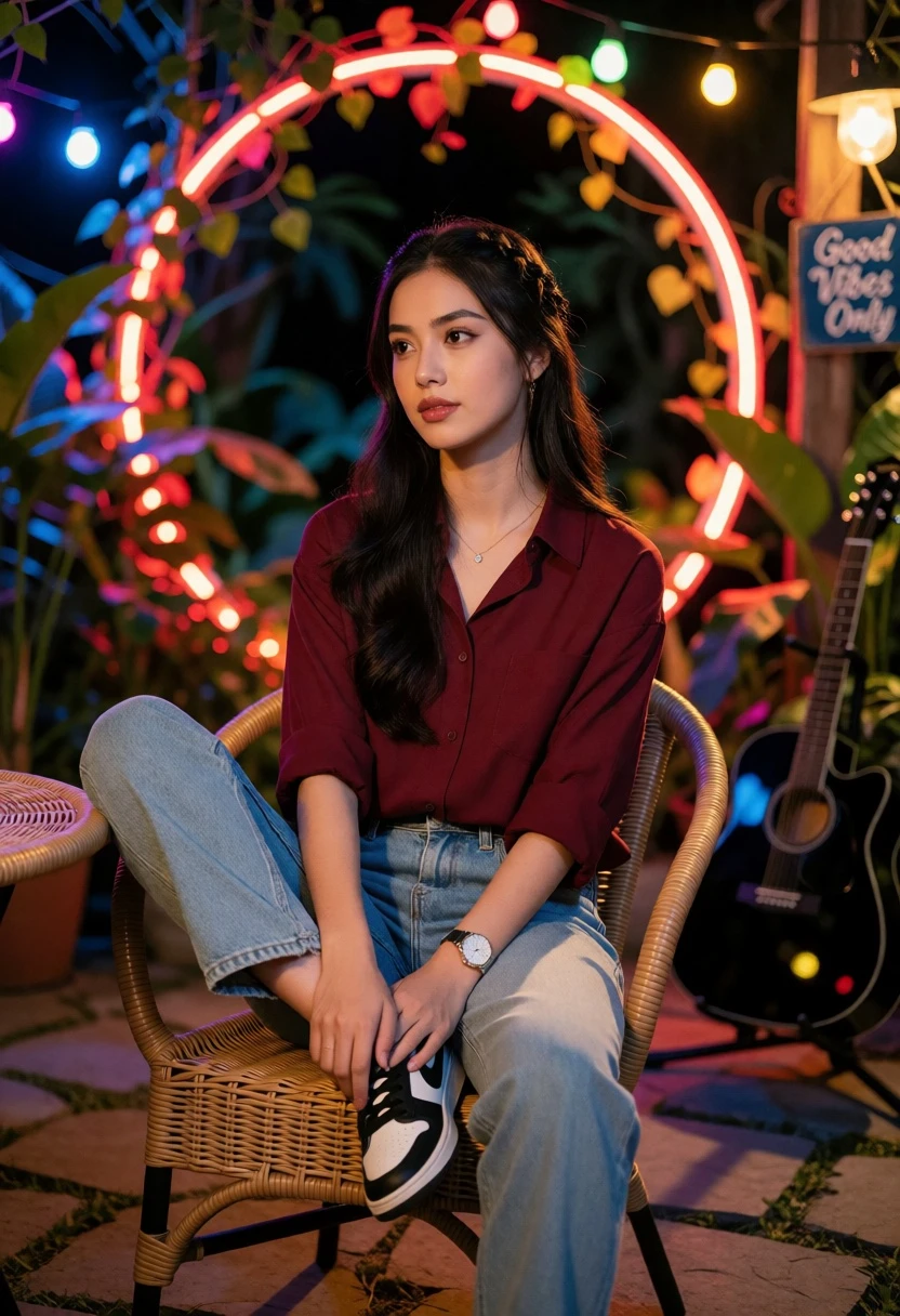 Young woman in maroon shirt sitting on wicker chair at neon lit - AI generated image prompt sample