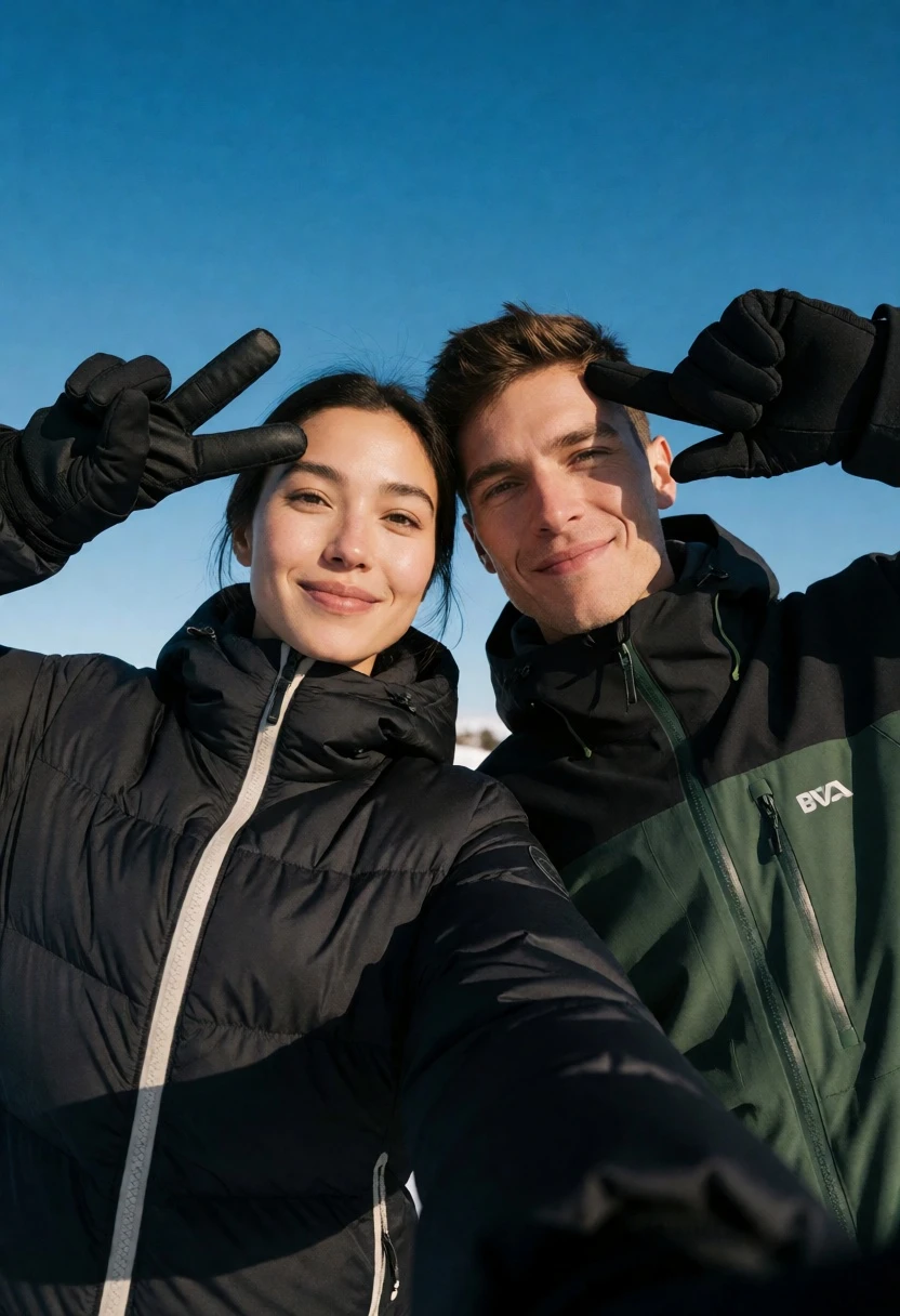 Couple taking a low angle selfie outdoors against a bright blue sky - AI generated image prompt sample