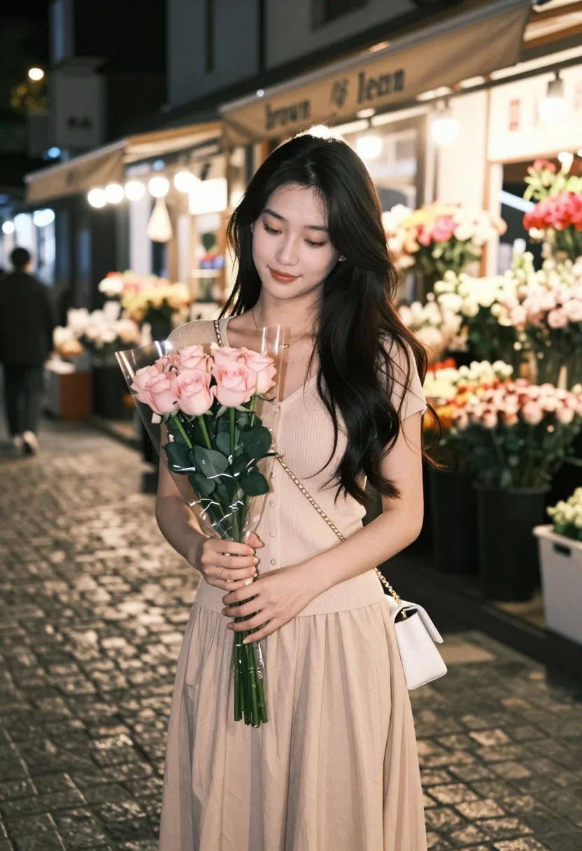 Young east asian woman holding pink roses in a dimly lit night - AI generated image prompt sample