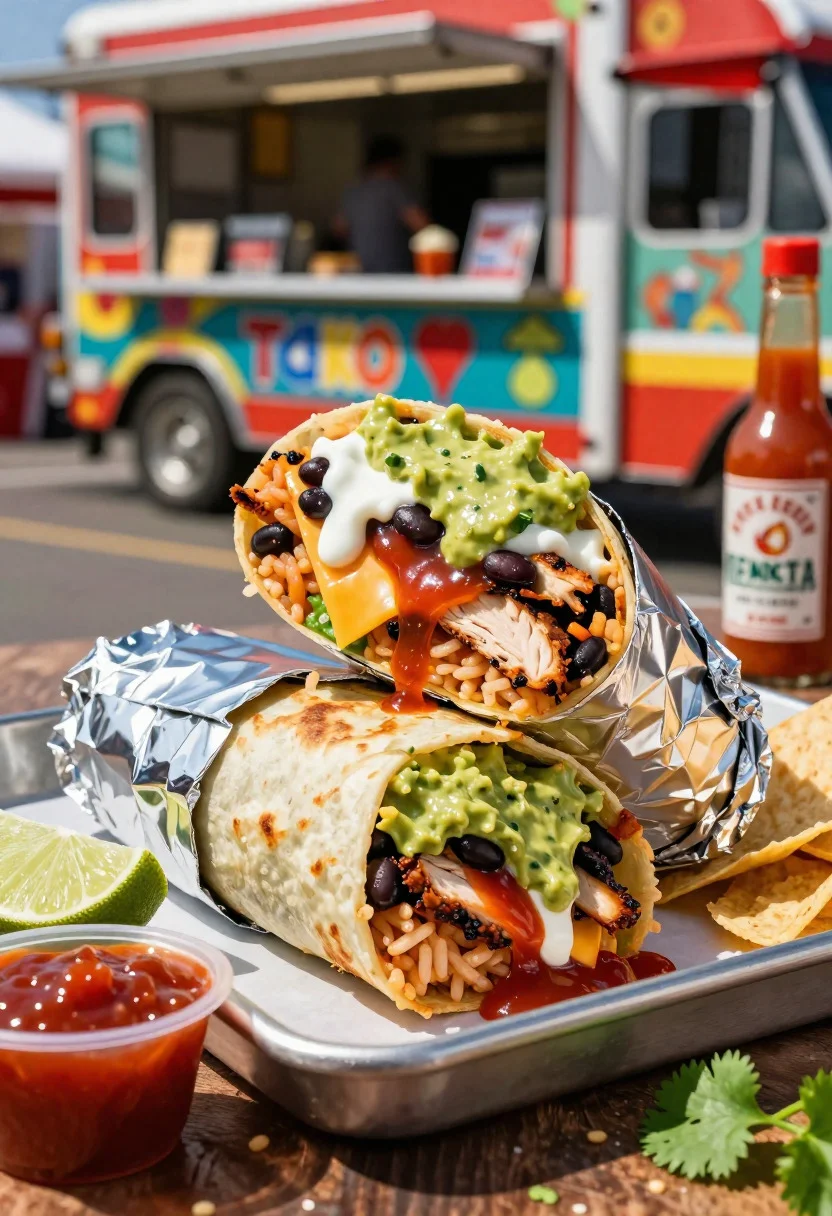 Close up of massive cross cut burrito with colorful tex mex fillings