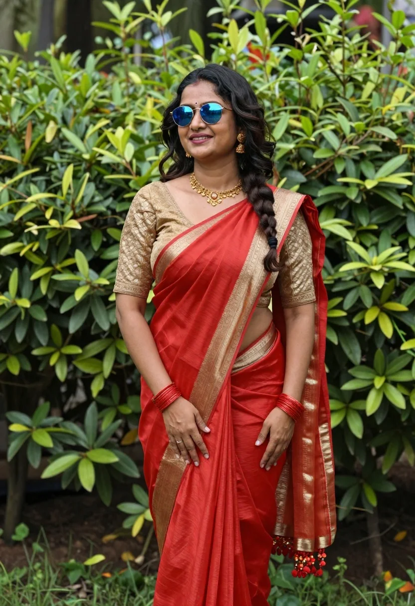 Smiling woman in vibrant red saree standing in a lush green garden