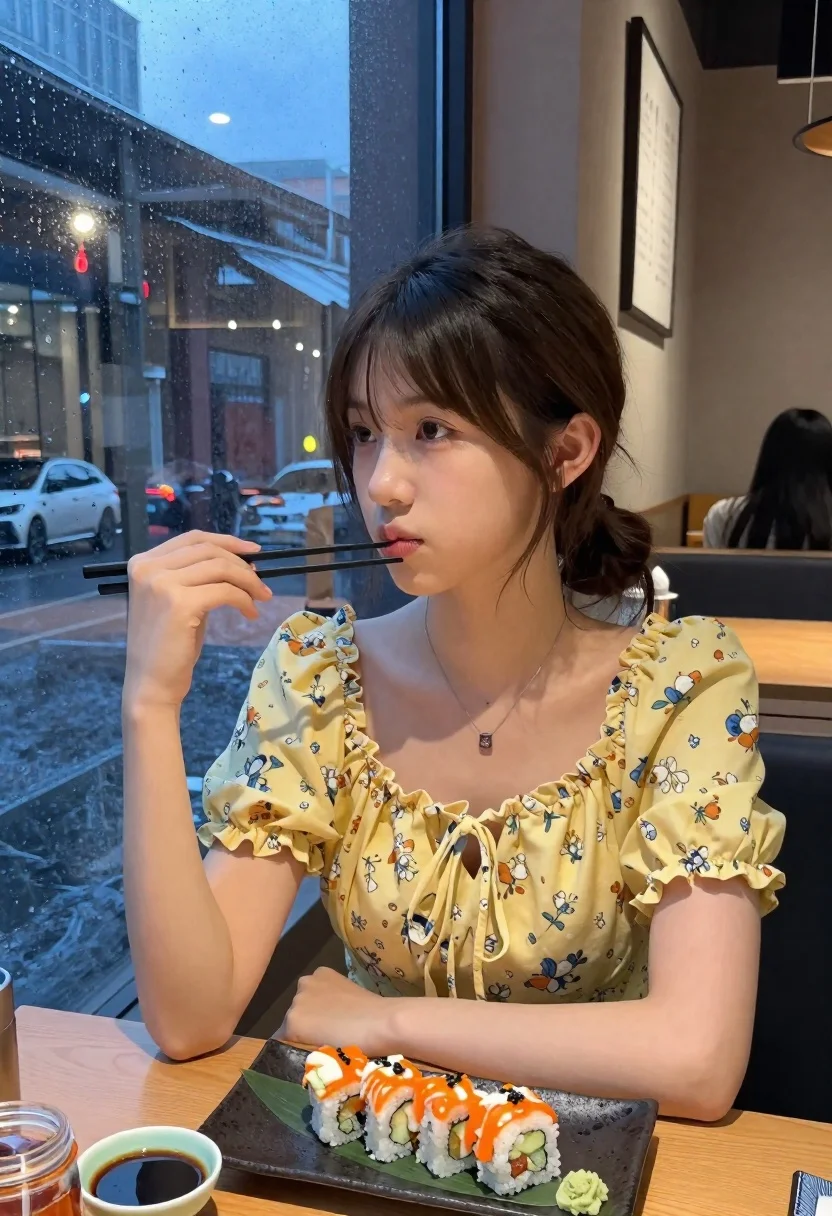 Young woman eating sushi at restaurant window with raindrops visible