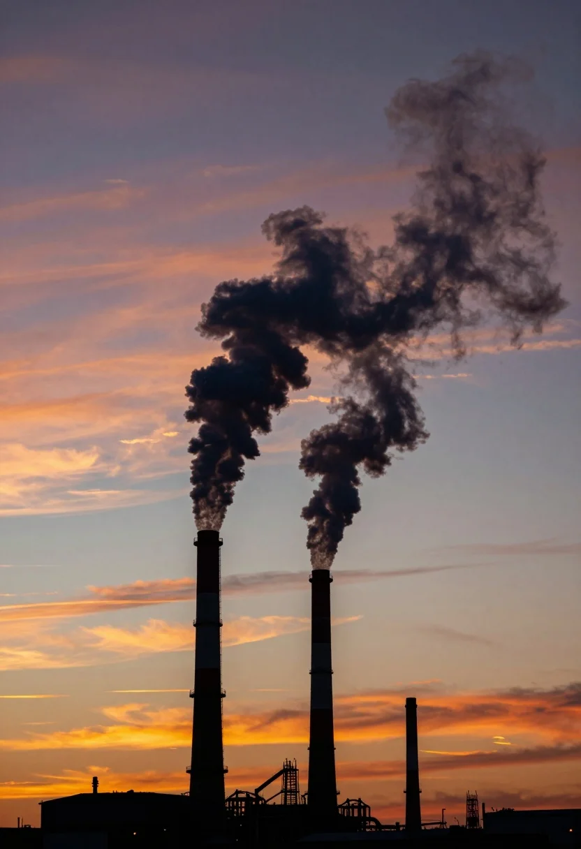 Dramatic silhouette of industrial smokestacks against a vibrant sunset sky - AI generated image prompt sample