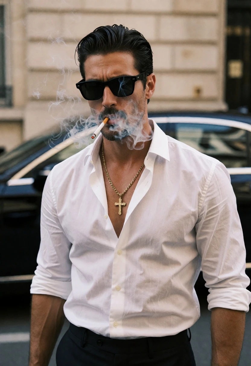 Man smoking cigarette in front of luxury car by stone building facade - AI generated image prompt sample