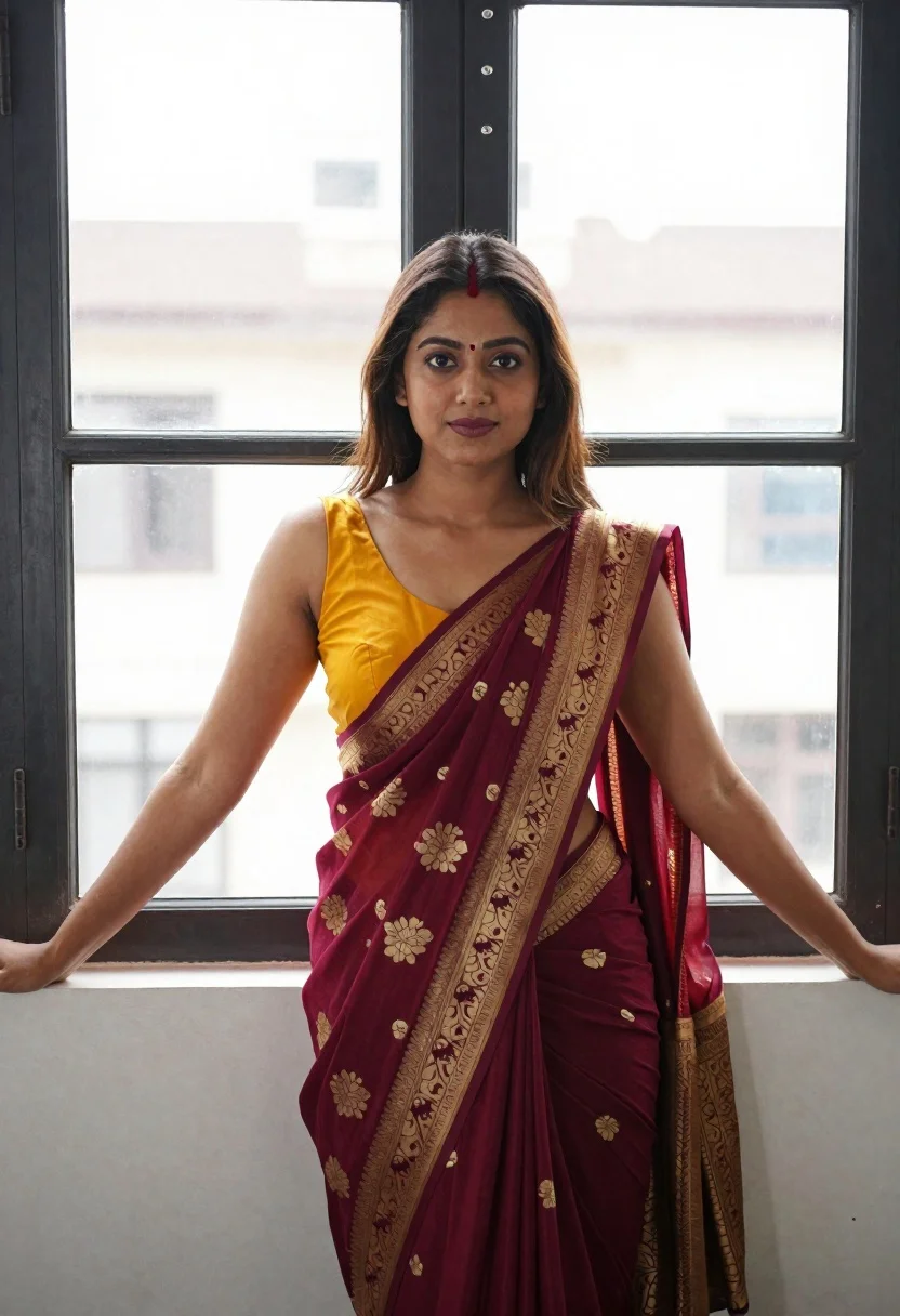 Young woman in mustard saree leaning against black framed window indoors