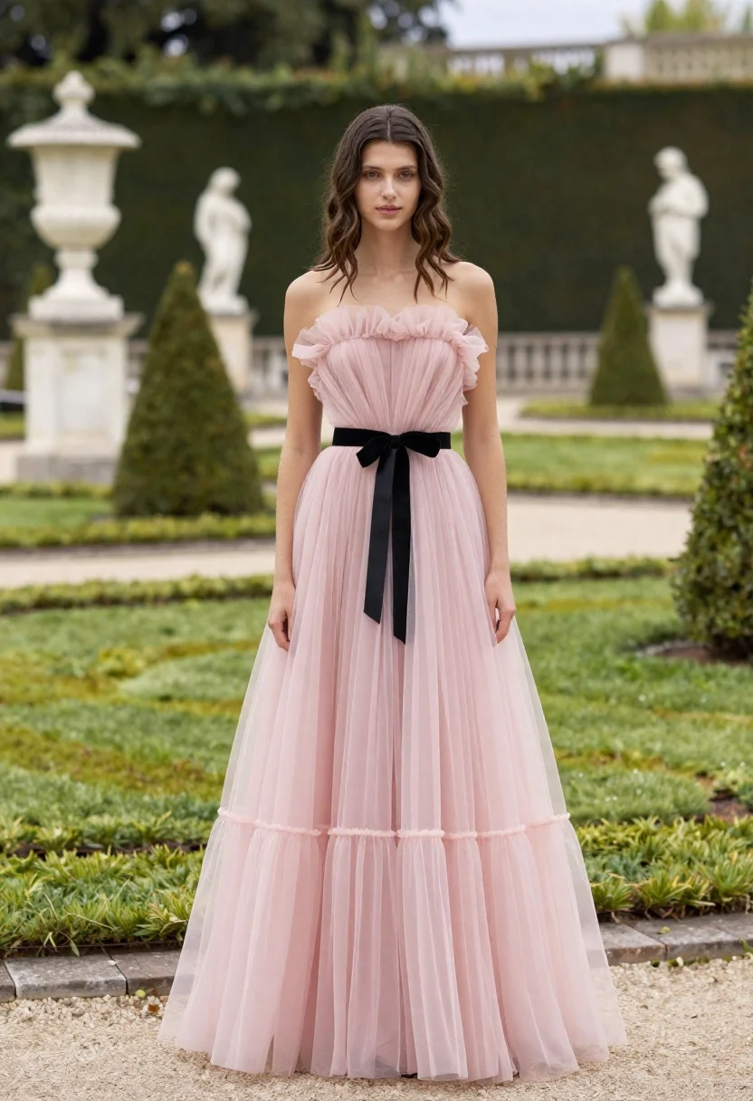 Young woman in pink gown standing in grand formal garden setting - AI generated image prompt sample
