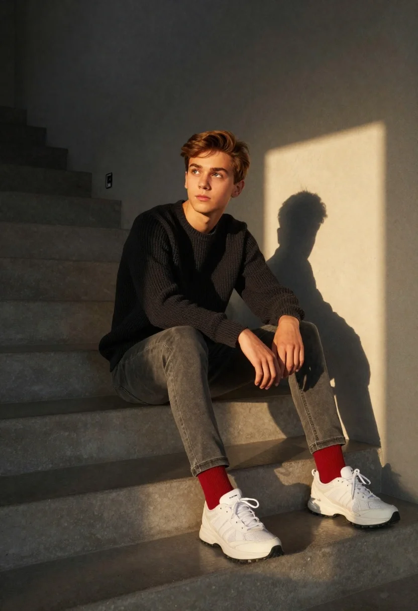 Teenage boy sitting on concrete stairs in minimalist interior - AI generated image prompt sample