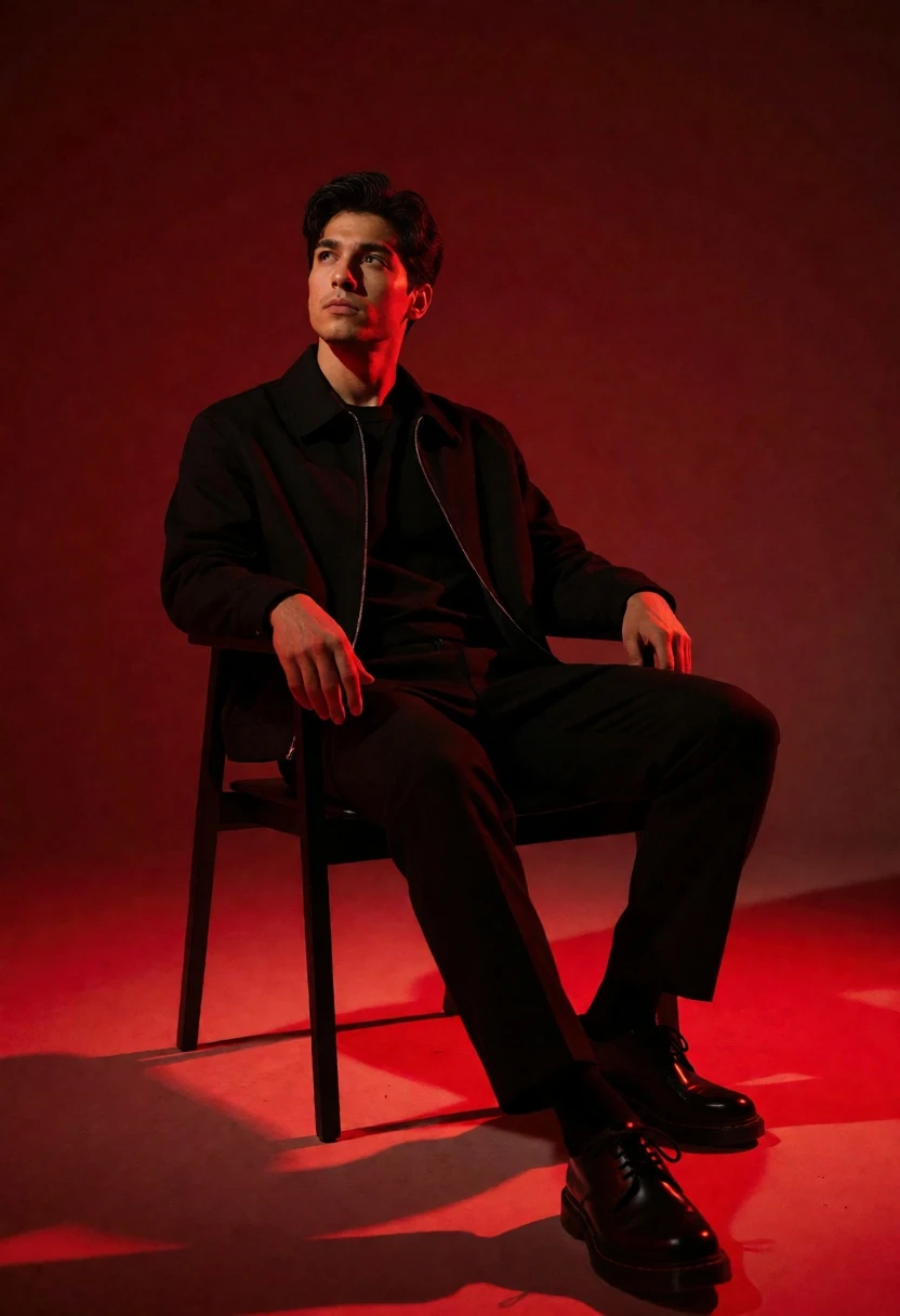 Young man in all black seated on chair against deep red studio - AI generated image prompt sample