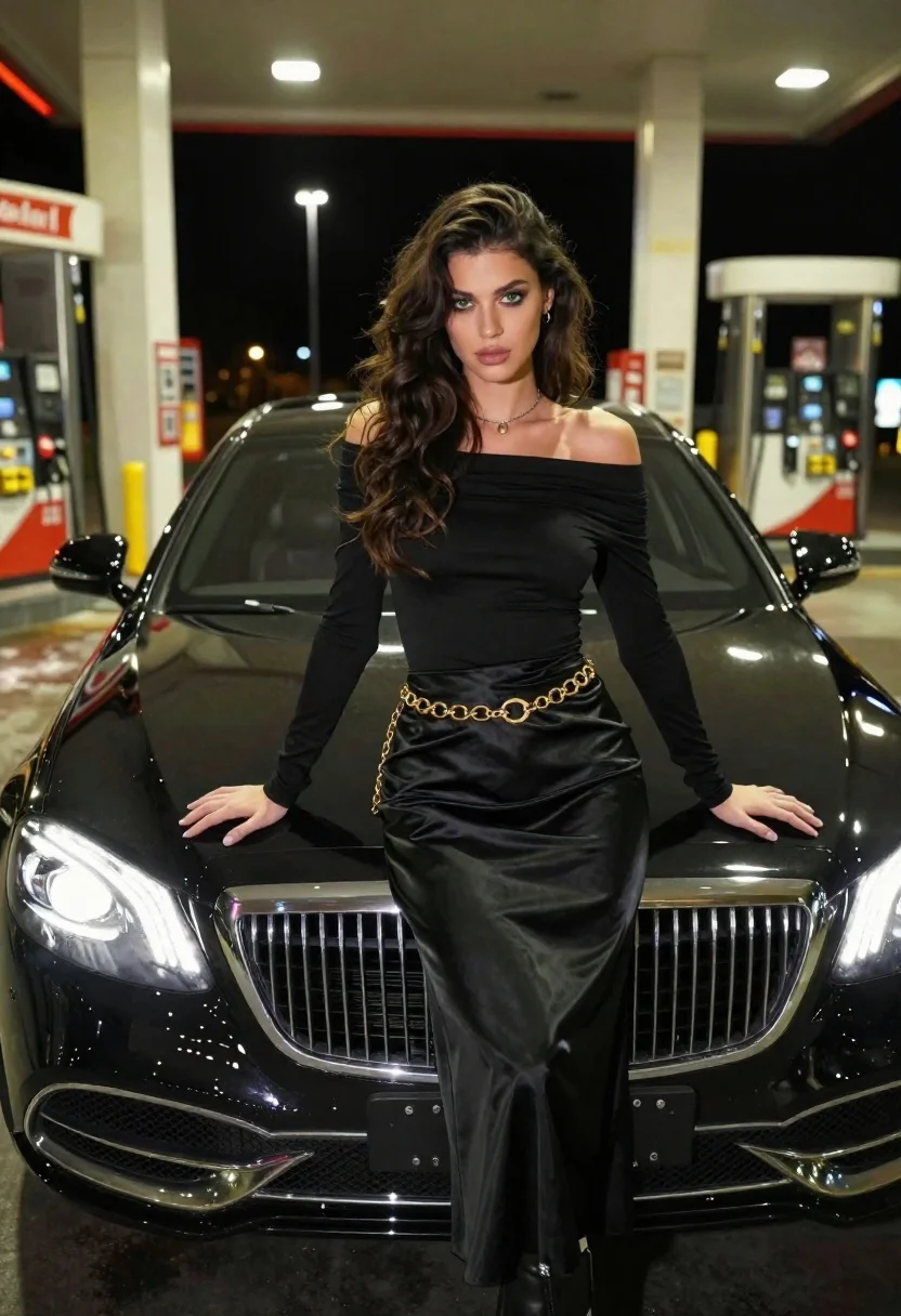 Confident woman in black dress posing by luxury sedan at gas station - AI generated image prompt sample