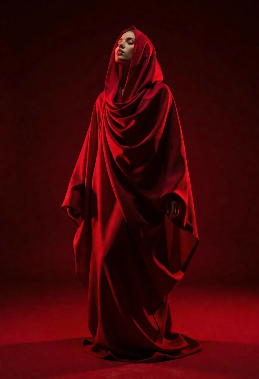 Full body figure draped in voluminous crimson fabric against deep red backdrop - AI generated image prompt sample