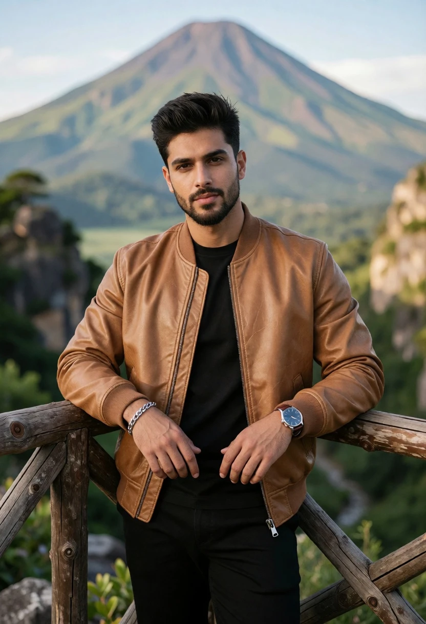 Young man leaning on railing overlooking lush valley and majestic mountain - AI generated image prompt sample