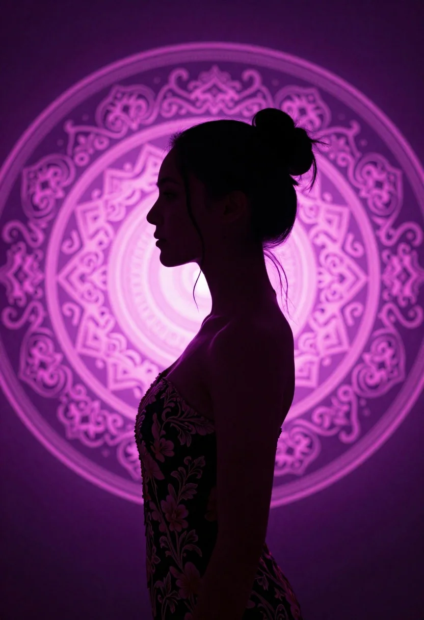Woman silhouette against glowing purple mandala