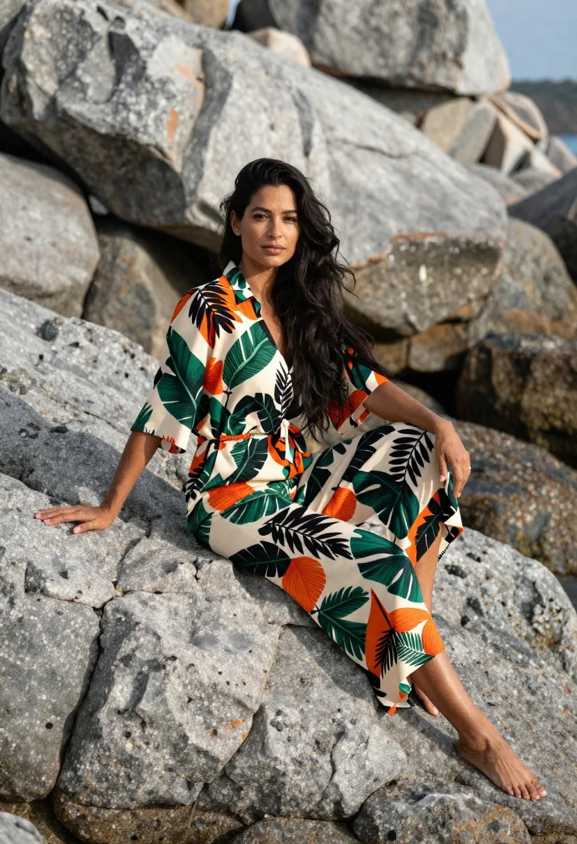 Woman in tropical jumpsuit seated on large grey coastal rocks