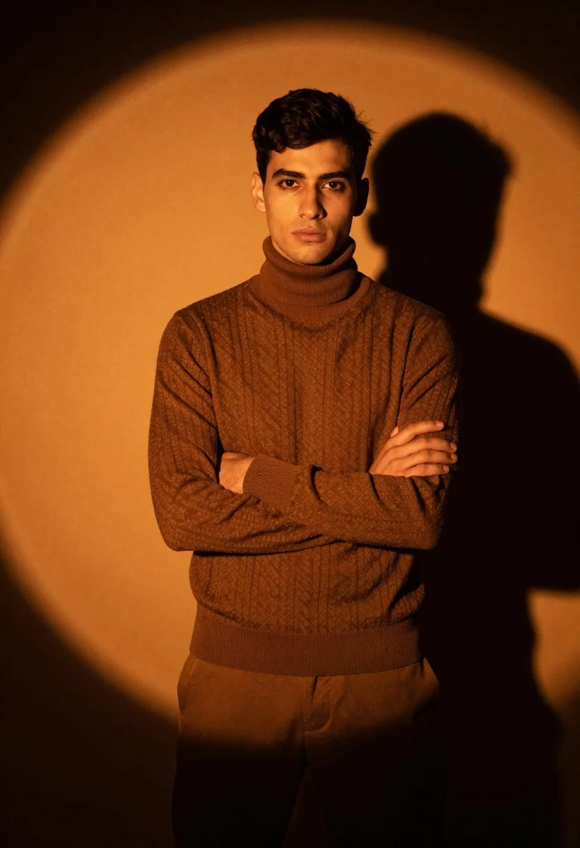 Man in brown turtleneck under orange spotlight