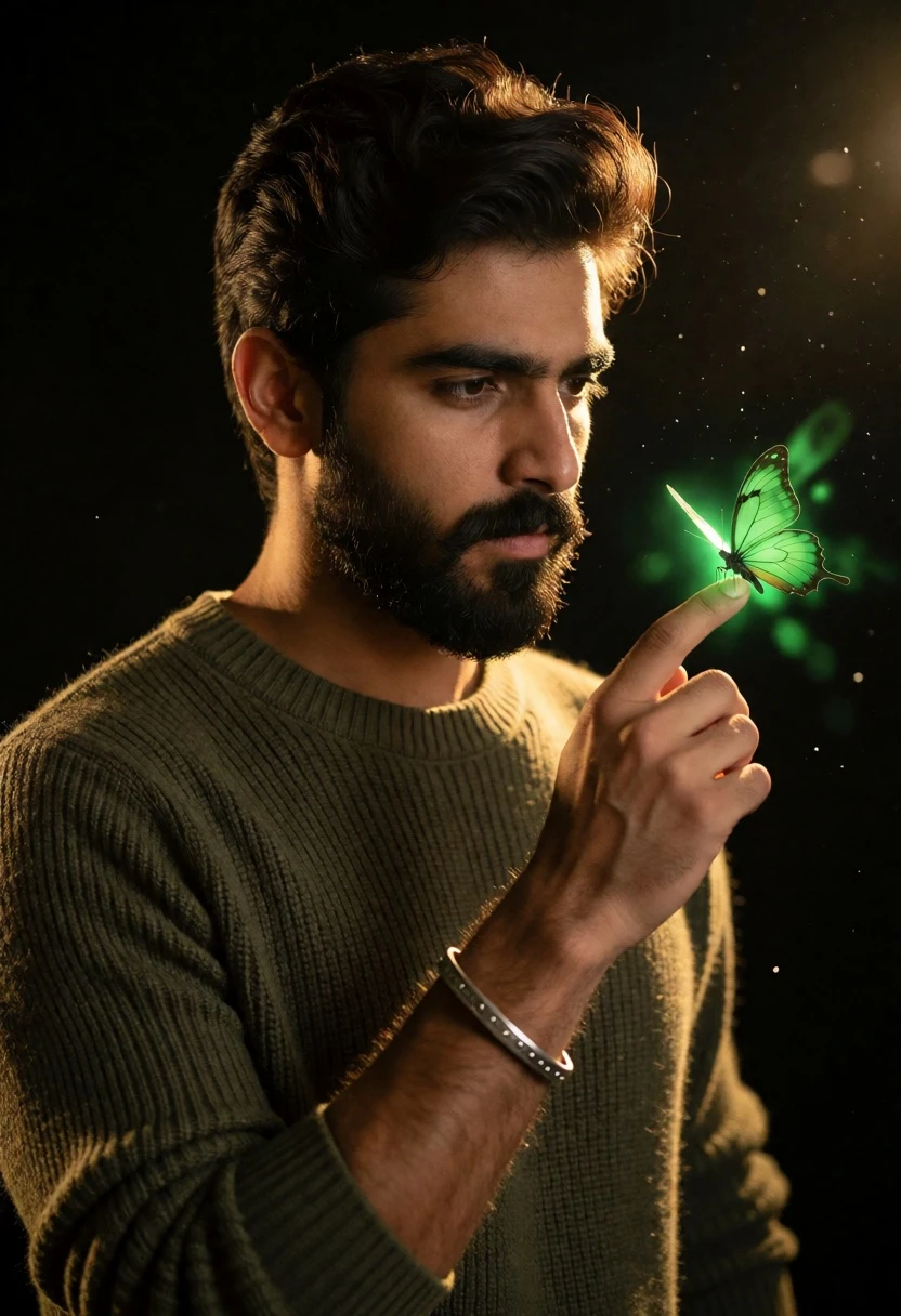 Man holding glowing green butterfly on fingertip against black background - AI generated image prompt sample