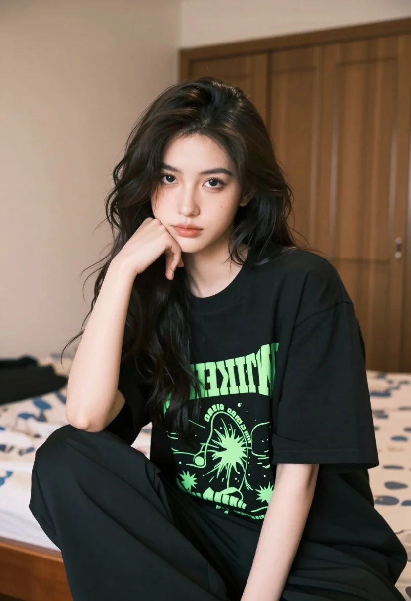 Young woman with dark wavy hair in black oversized tshirt seated indoors - AI generated image prompt sample