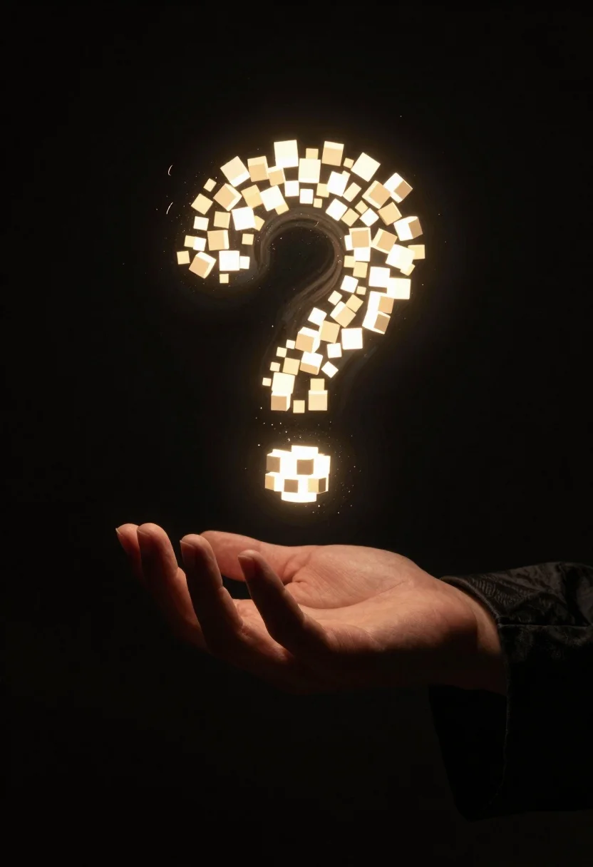 Glowing hand releasing question mark from dark void - AI generated image prompt sample