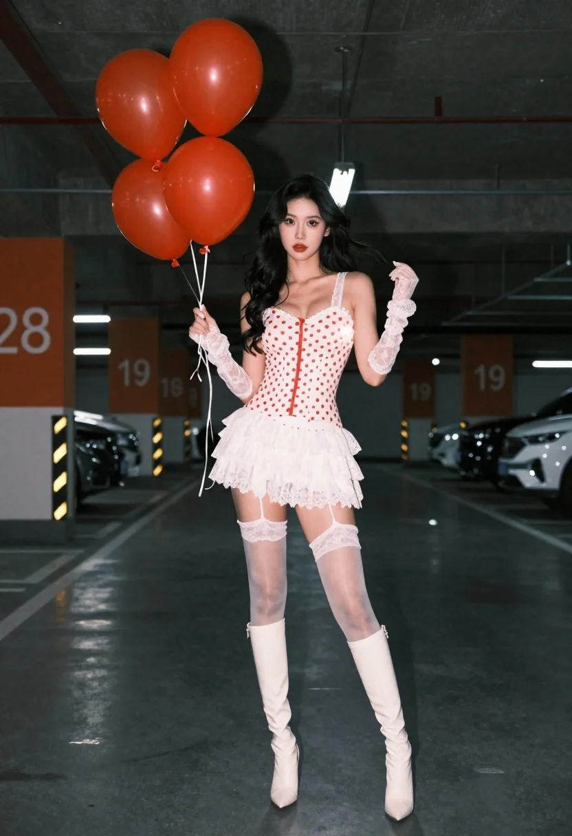 Woman in polka dot outfit in underground parking garage