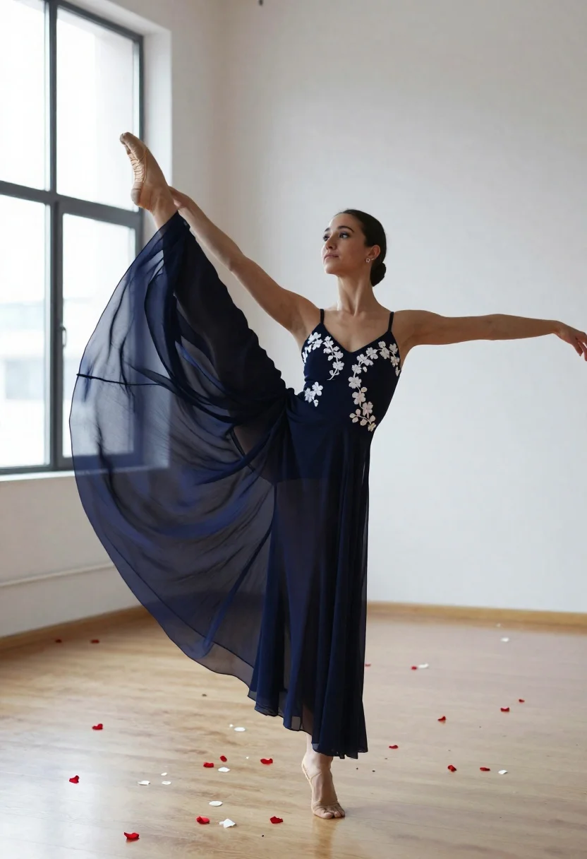 Graceful woman in navy blue gown performing dance pose in studio - AI generated image prompt sample