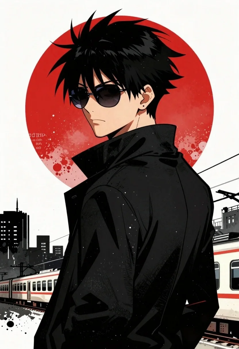Anime poster of young man with spiky black hair and sunglasses looking - AI generated image prompt sample