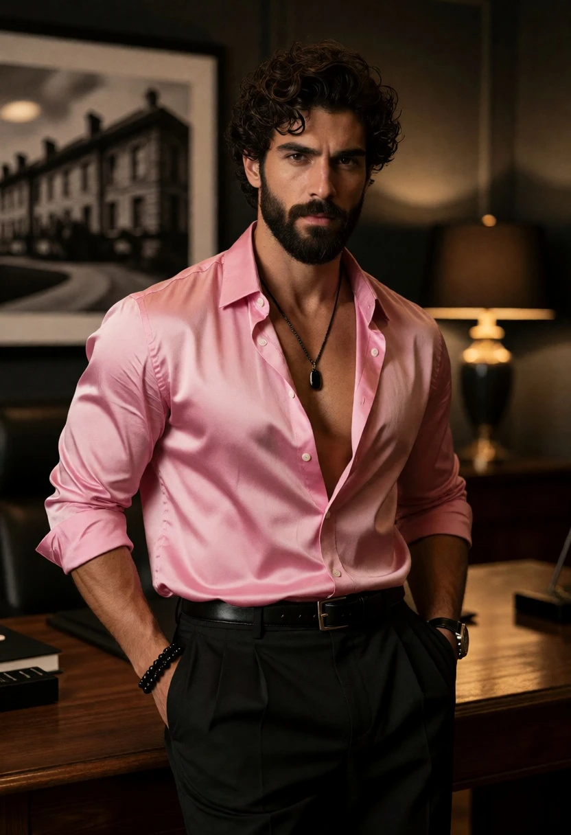 Muscular man in pink shirt leaning against wooden desk indoors - AI generated image prompt sample