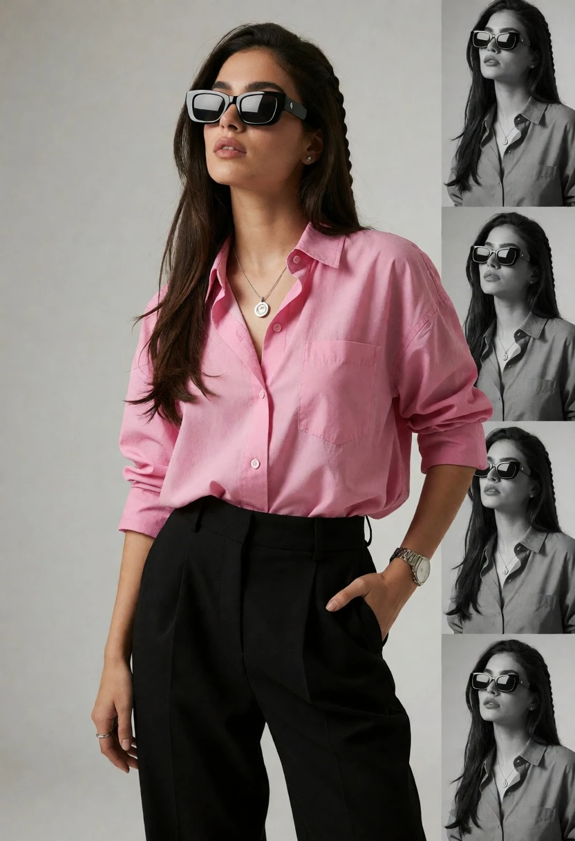 Stylish woman in pink shirt and black trousers against grey studio backdrop - AI generated image prompt sample