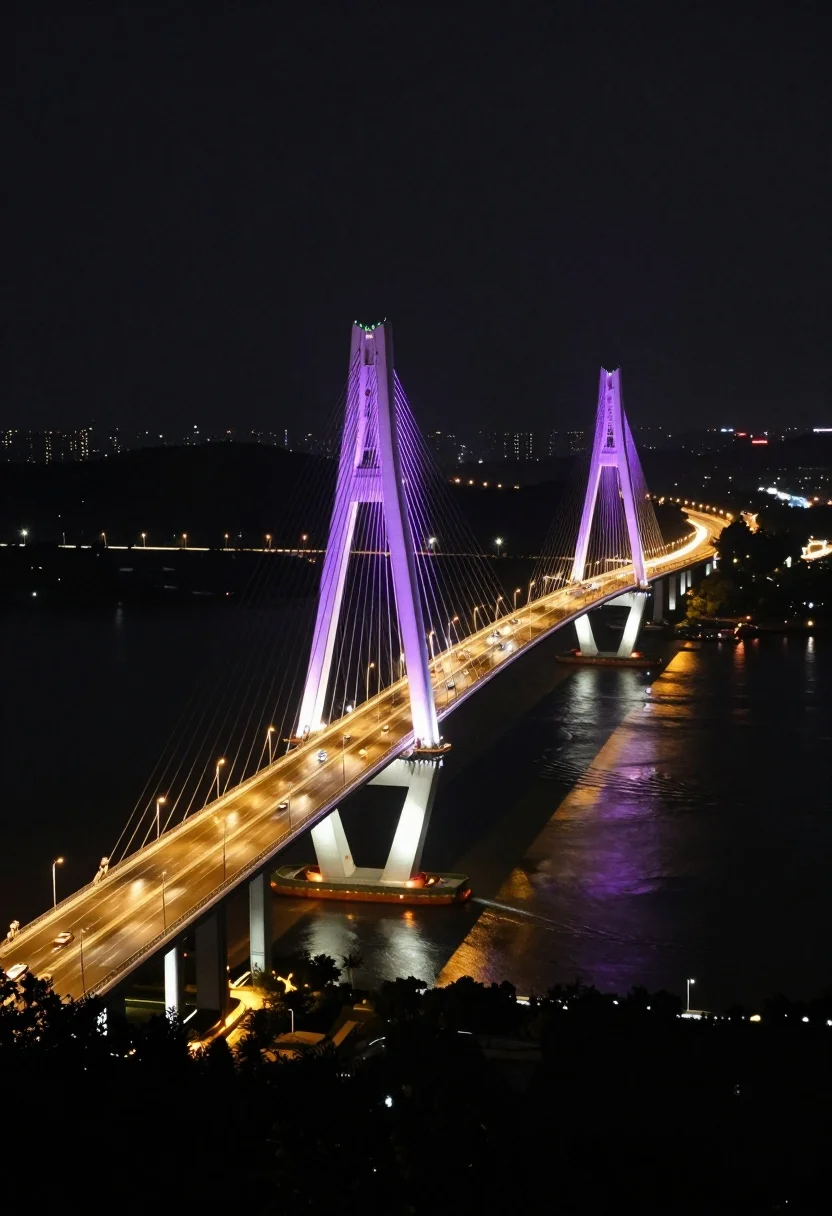 High angle view of majestic cable stayed bridge at night over dark - AI generated image prompt sample