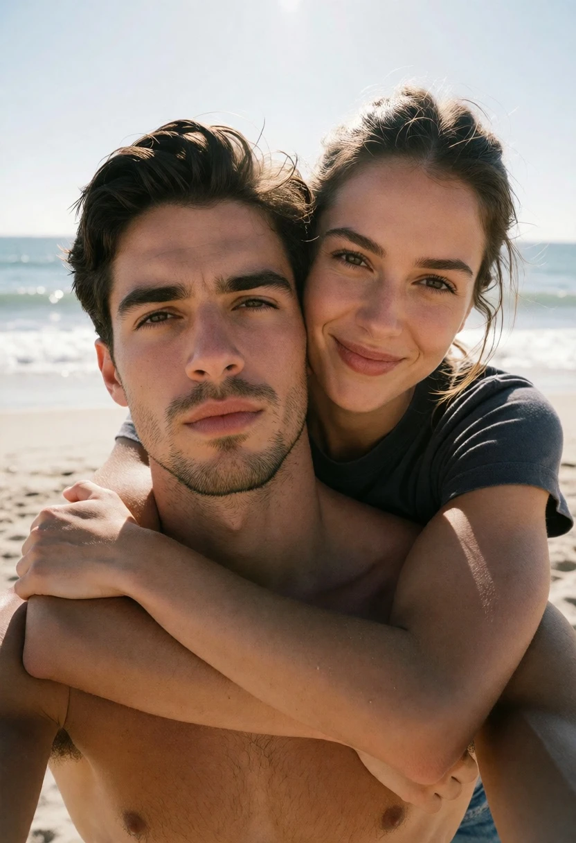 Close up selfie of man embraced by woman on sunny beach - AI generated image prompt sample