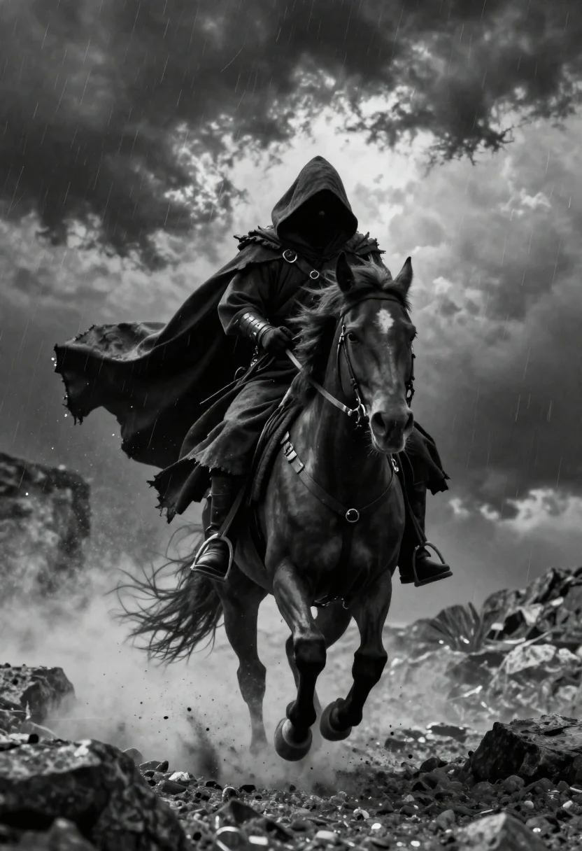 Hooded figure riding dark horse over rocky terrain