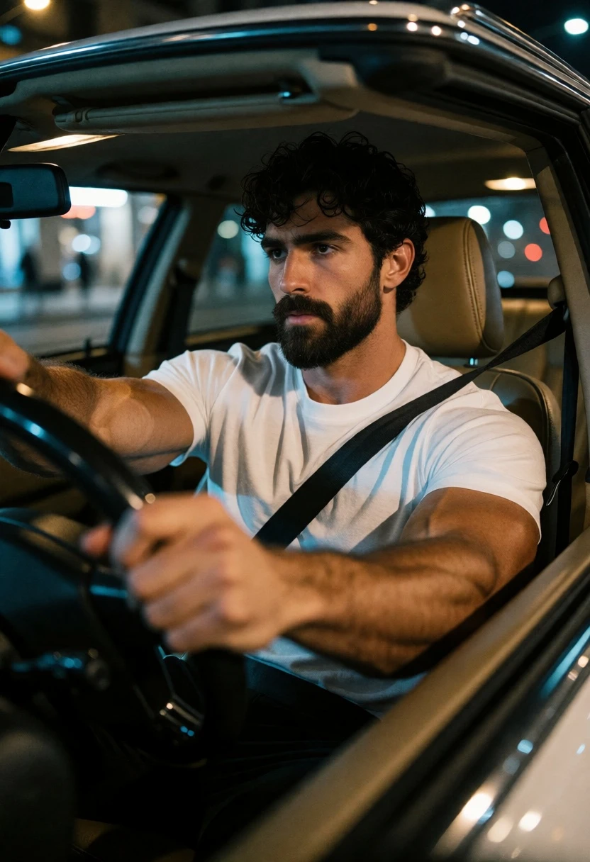 Muscular man in white tshirt driving car at night on city street - AI generated image prompt sample