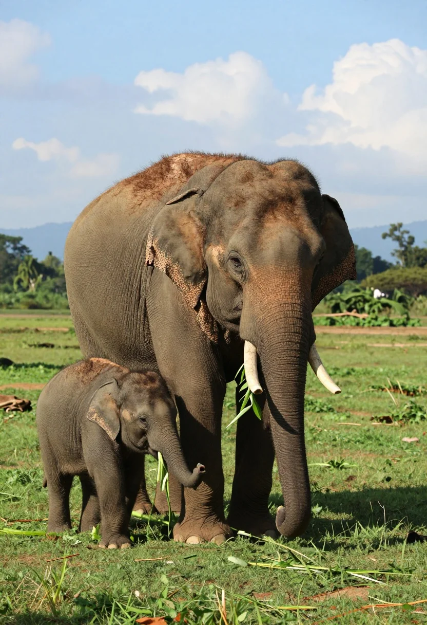 Adult and baby elephant standing on lush green field under blue sky - AI generated image prompt sample